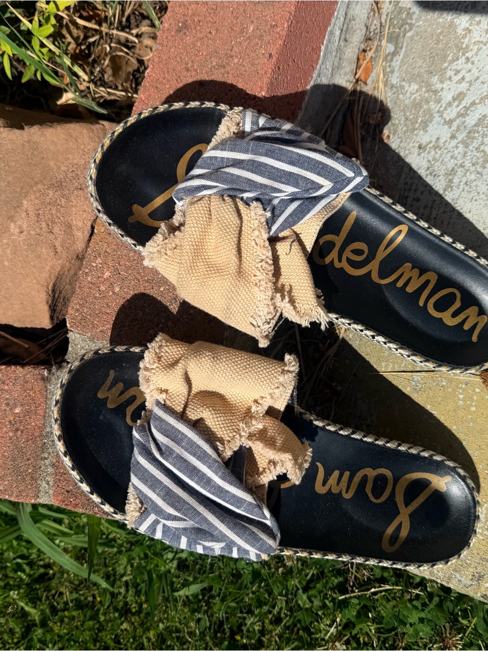 Sam Edelman Beige and Navy Striped Knot Slide Sandals